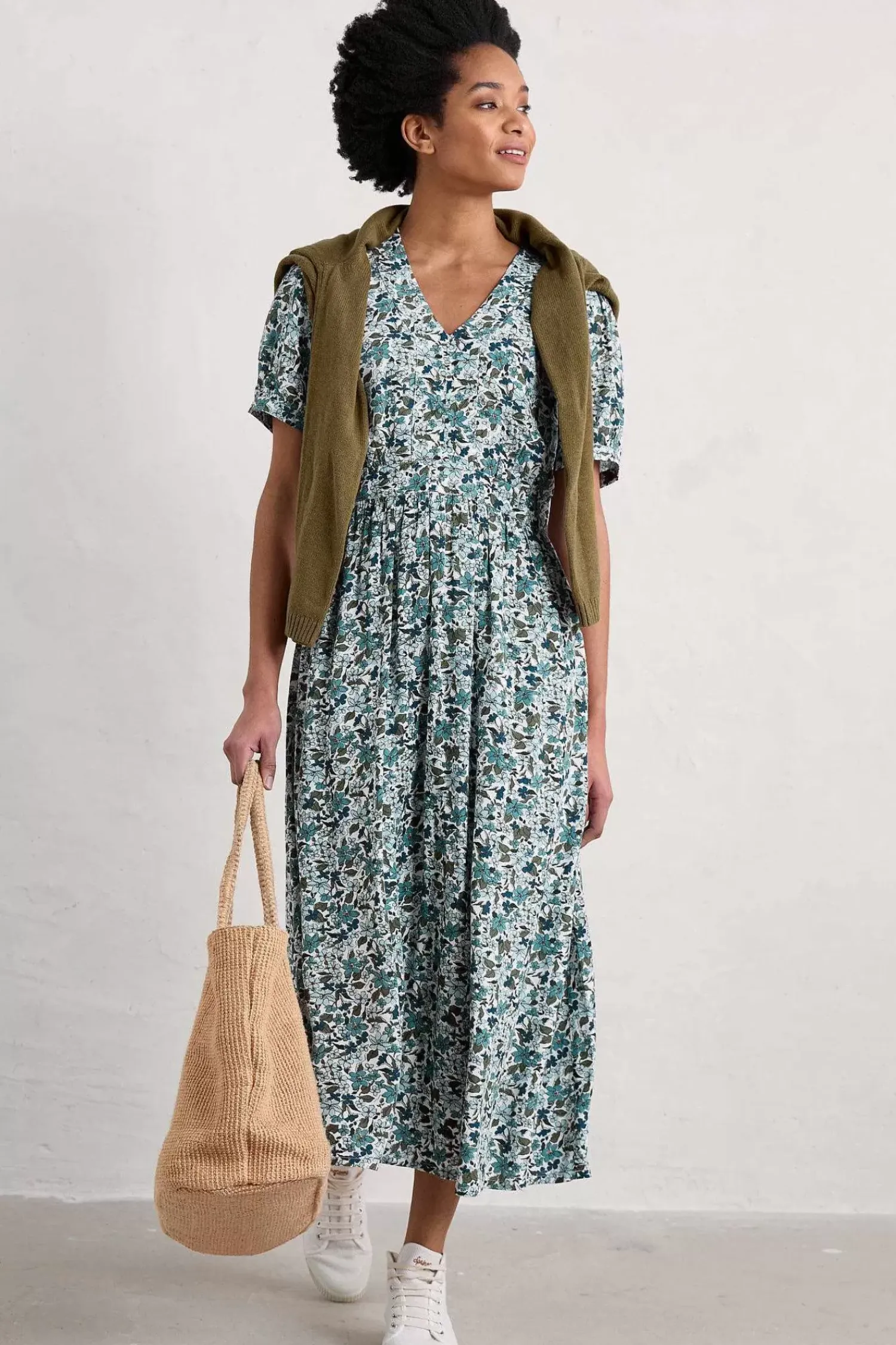 Dresses<Seasalt Cornwall Birch Leaf Midaxi Tea Dress Anemone Vintage Reflection