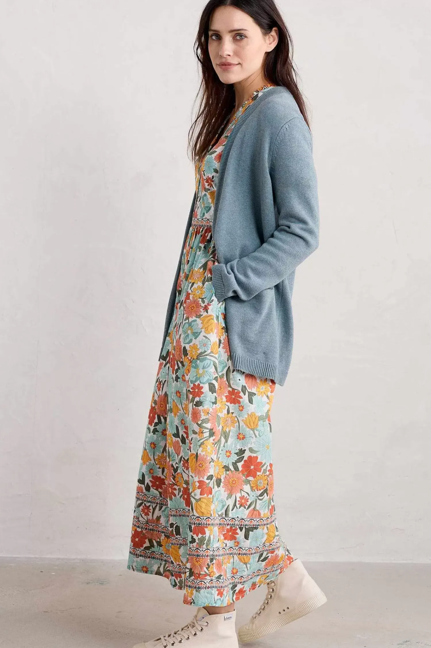 Dresses<Seasalt Cornwall Blue Hills Border V-Neck Floral Dress Flowering Blooms Chalk