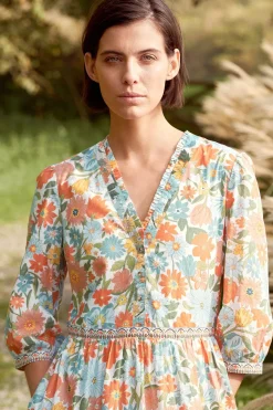 Dresses<Seasalt Cornwall Blue Hills Border V-Neck Floral Dress Flowering Blooms Chalk