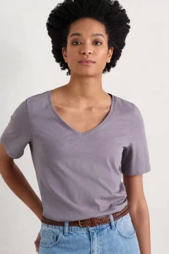 Tops<Seasalt Cornwall Burdock Organic Cotton V-Neck T-Shirt (Gots) Grape Thistle