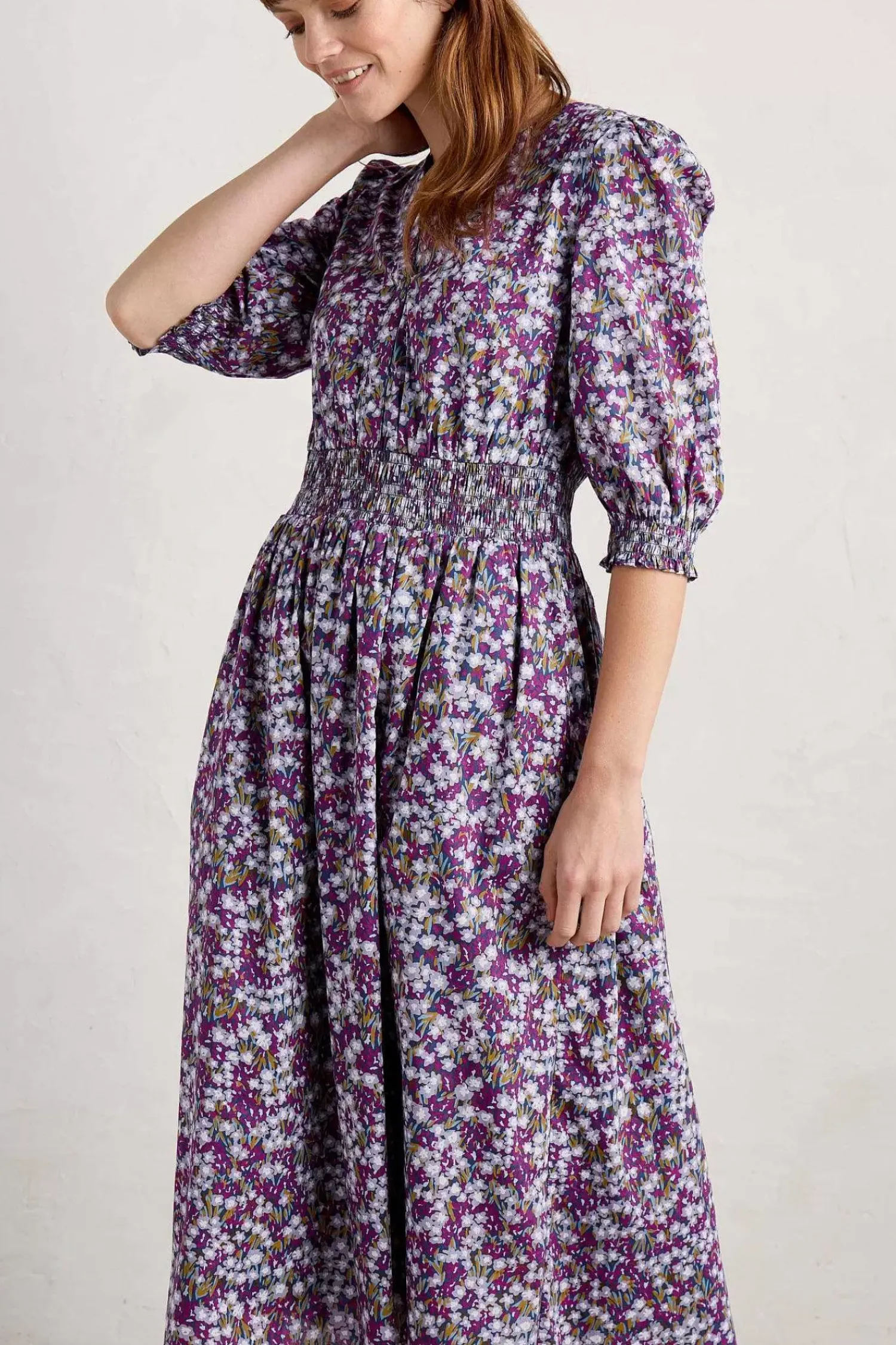 Dresses<Seasalt Cornwall Fawn Organic Cotton Waisted Midi Dress Heather Fields Verbena