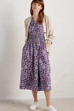 Dresses<Seasalt Cornwall Fawn Organic Cotton Waisted Midi Dress Heather Fields Verbena