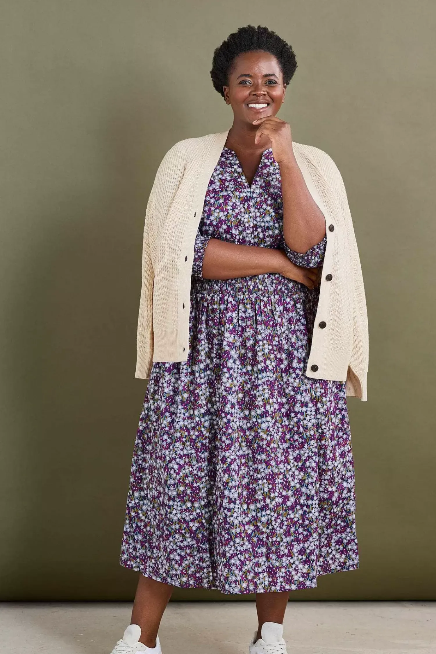 Dresses<Seasalt Cornwall Fawn Organic Cotton Waisted Midi Dress Heather Fields Verbena