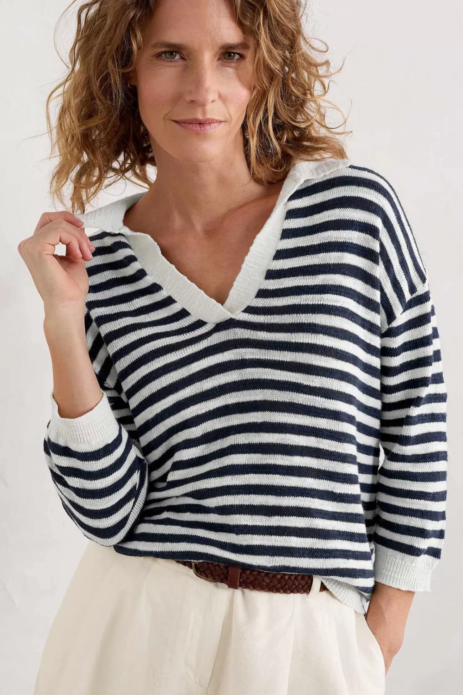Knitwear<Seasalt Cornwall Gwynver Lightweight V-Neck Collared Jumper Mini Cornish Ecru Maritime