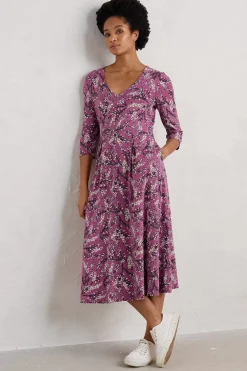 Dresses<Seasalt Cornwall Helena V-Neck Jersey Midi Dress (Gots) Heather Sketch Buddleia