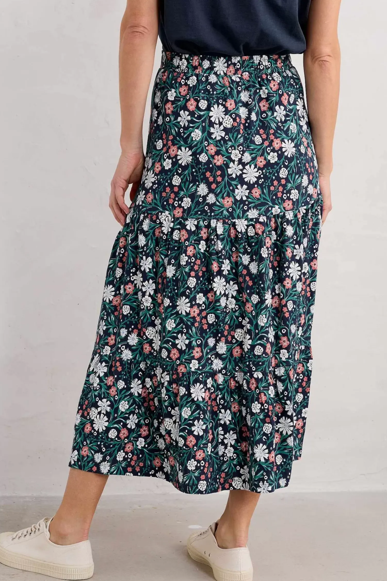 Skirts<Seasalt Cornwall Line Strokes Tiered Midi Skirt Creekside Floral Maritime