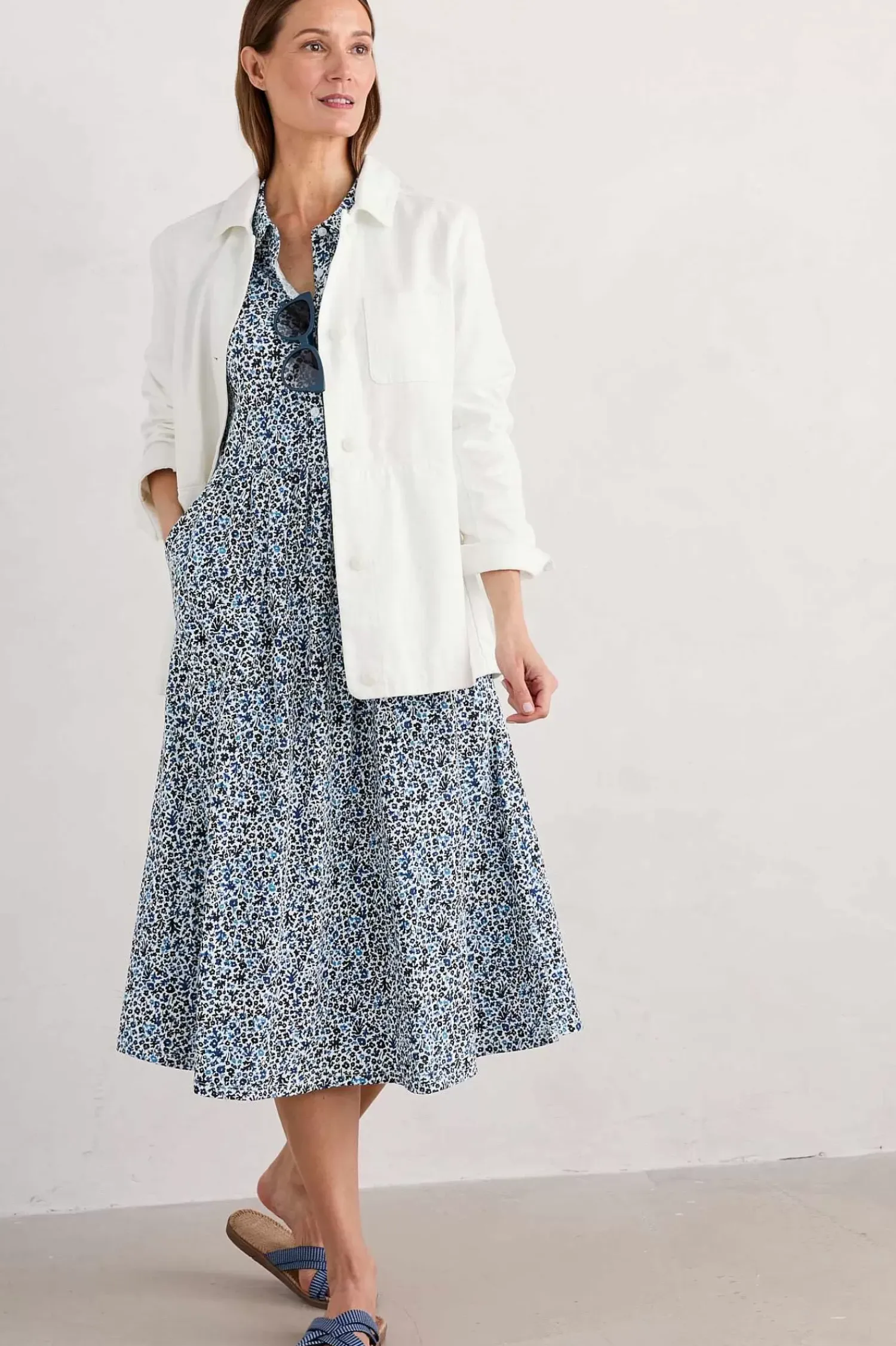 Dresses<Seasalt Cornwall Mainland Jersey Midi Dress Seaweed Floral Chalk