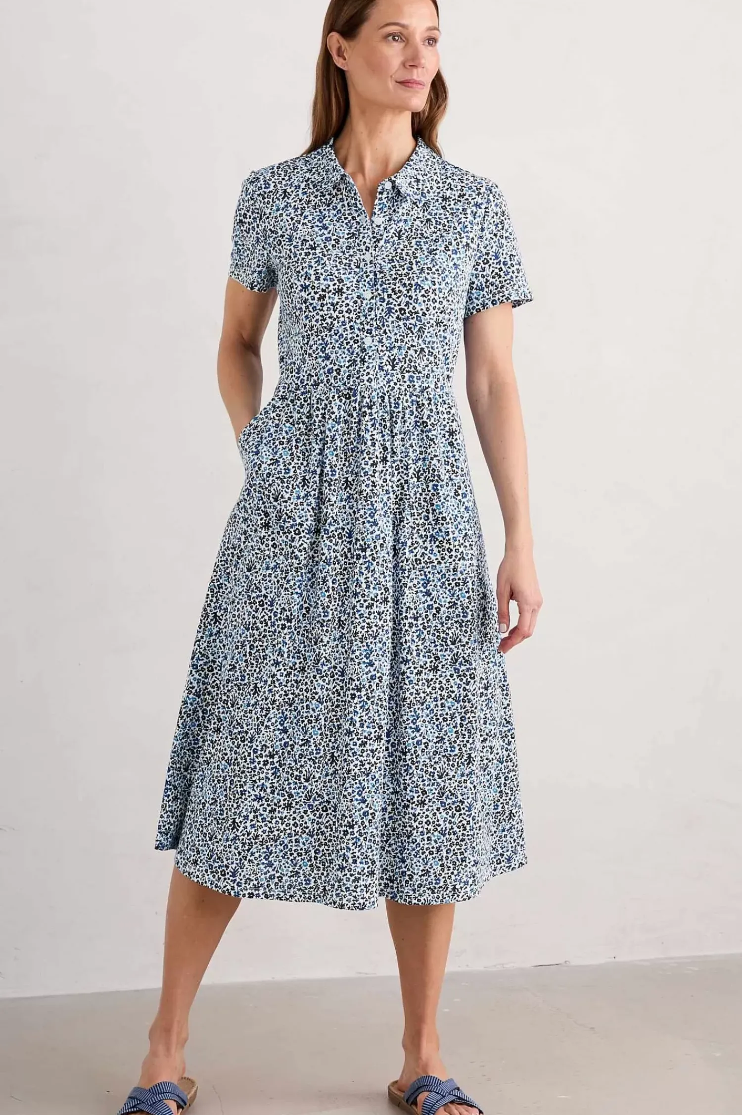 Dresses<Seasalt Cornwall Mainland Jersey Midi Dress Seaweed Floral Chalk