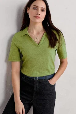 Tops<Seasalt Cornwall Owles Point Short Sleeve V-Neck Jersey Shirt Dill