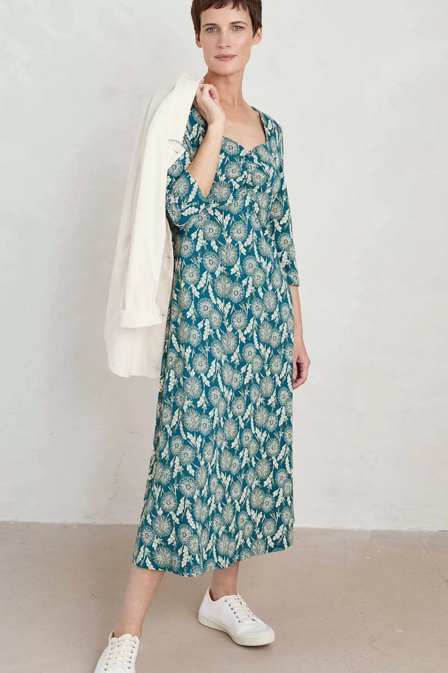 Dresses<Seasalt Cornwall Secret Cove 3/4 Sleeve Midi Dress Dandelion Seed Seaway
