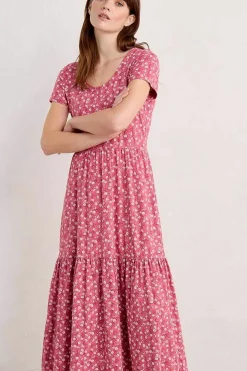 Dresses<Seasalt Cornwall Tor View Short Sleeve Tiered Jersey Dress Campion Vines Rose