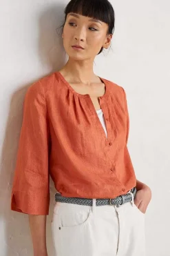 Tops<Seasalt Cornwall Wild Fennel Button Through Linen Top Papaya