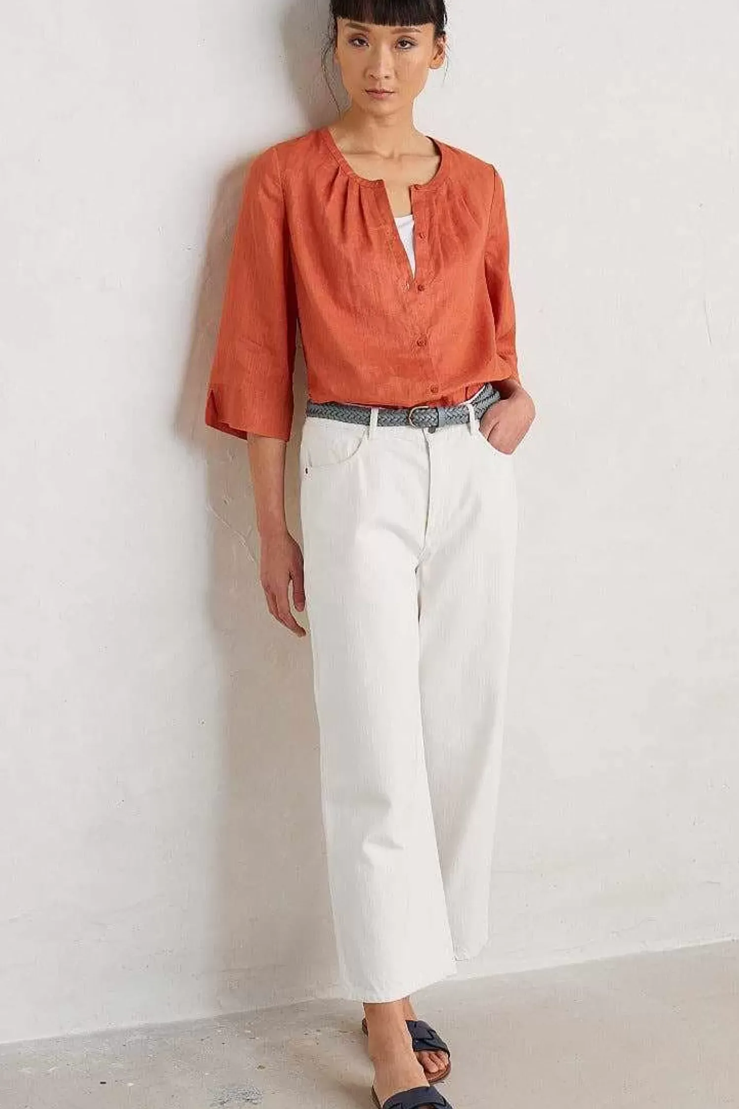 Tops<Seasalt Cornwall Wild Fennel Button Through Linen Top Papaya