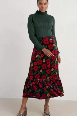 Skirts<Seasalt Cornwall Wildflower Tiered Velvet Maxi Skirt Collaged Rose Onyx Carmine