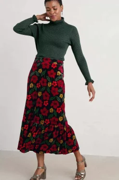 Skirts<Seasalt Cornwall Wildflower Tiered Velvet Maxi Skirt Collaged Rose Onyx Carmine